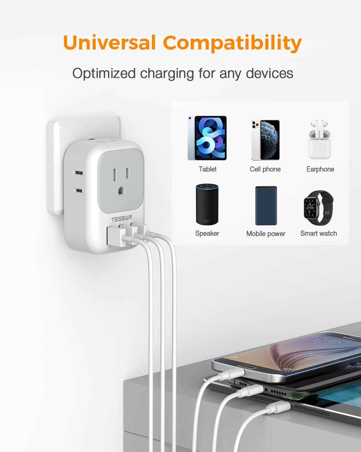 USB Charger Block, Wall Plug Adapter with Electrical 4 Box Splitter 3 USB Wall Charger Ports, Multi Plug Outlet Extender Charging for Cruise, Travel, Office, Dorm Essentials