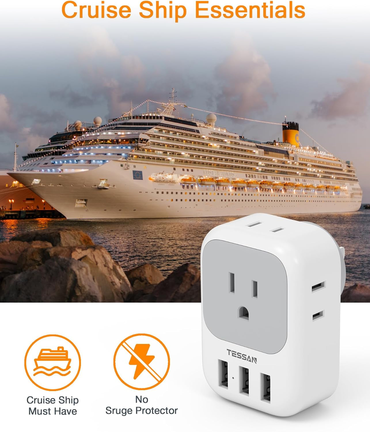 USB Charger Block, Wall Plug Adapter with Electrical 4 Box Splitter 3 USB Wall Charger Ports, Multi Plug Outlet Extender Charging for Cruise, Travel, Office, Dorm Essentials