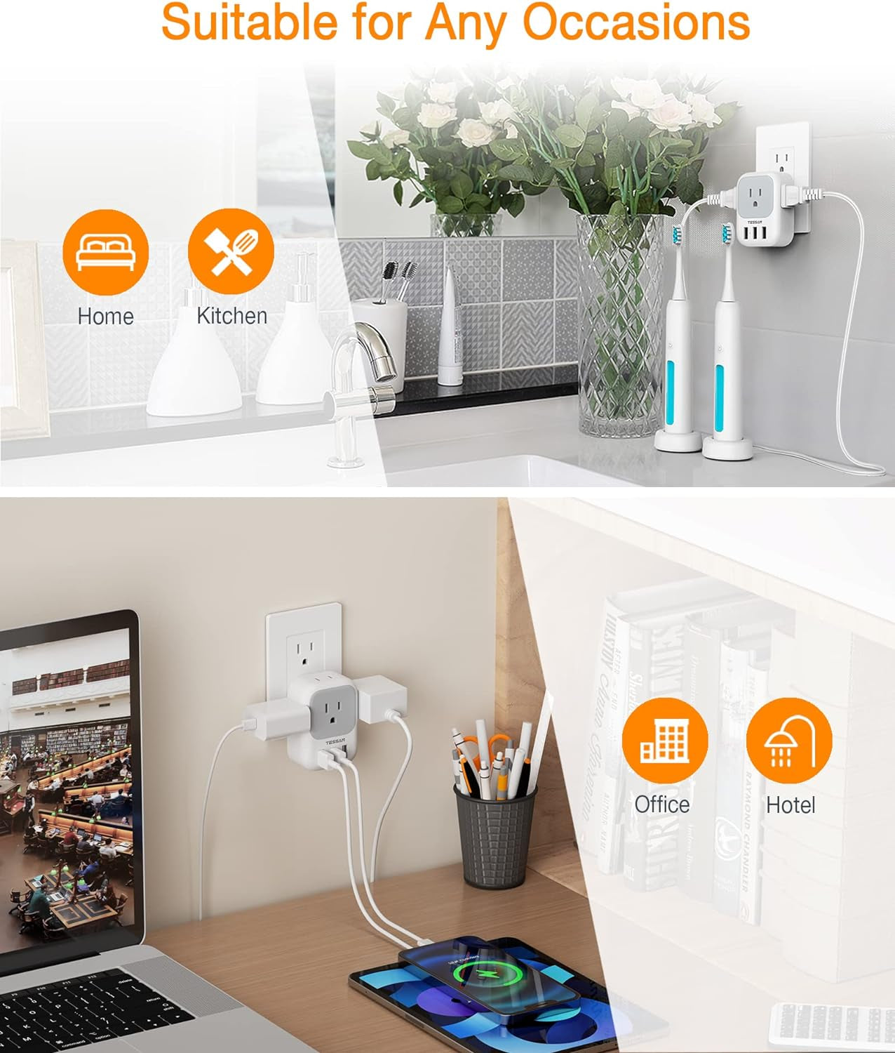 USB Charger Block, Wall Plug Adapter with Electrical 4 Box Splitter 3 USB Wall Charger Ports, Multi Plug Outlet Extender Charging for Cruise, Travel, Office, Dorm Essentials
