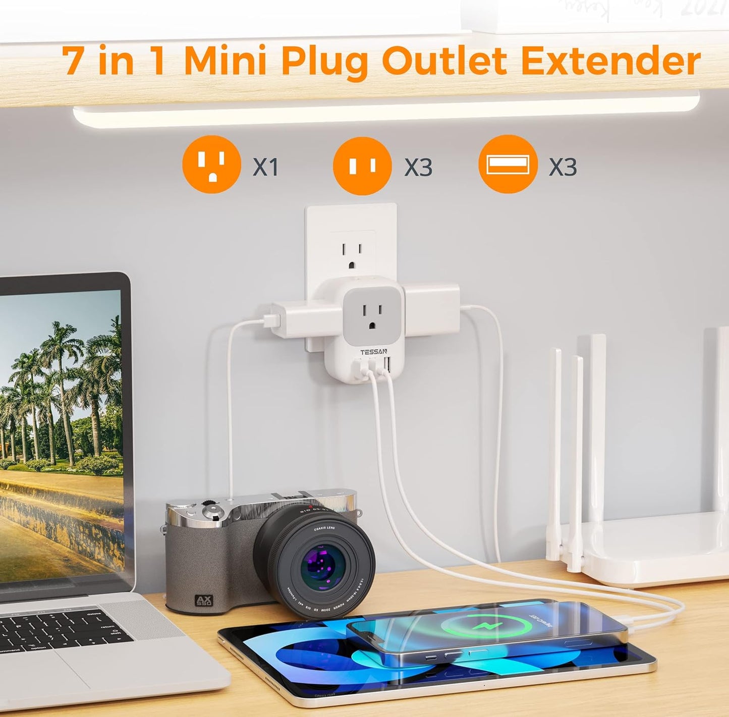 USB Charger Block, Wall Plug Adapter with Electrical 4 Box Splitter 3 USB Wall Charger Ports, Multi Plug Outlet Extender Charging for Cruise, Travel, Office, Dorm Essentials
