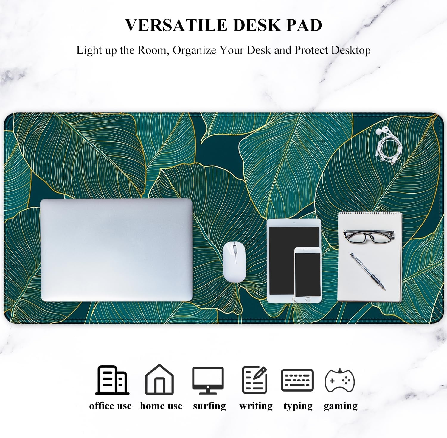 Desk Mat, Ultra Large Mouse Pad, XXL Gaming Mousepad, Green Tropical Leaves Desk Pad, Big Extended Full Size Mouse Pad, Desktop Desk Matt for Keyboard, Laptop & Computer, 35.5 X 15.7 In