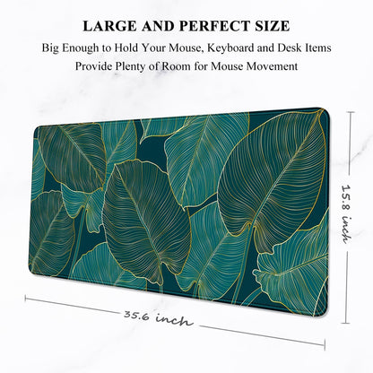 Desk Mat, Ultra Large Mouse Pad, XXL Gaming Mousepad, Green Tropical Leaves Desk Pad, Big Extended Full Size Mouse Pad, Desktop Desk Matt for Keyboard, Laptop & Computer, 35.5 X 15.7 In